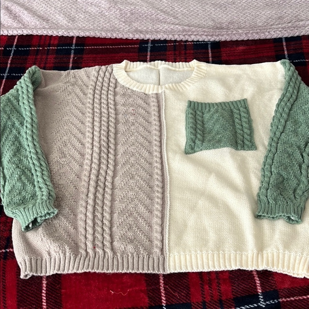 Color-Blocked Cream and Green Crew Neck Sweater NWOT